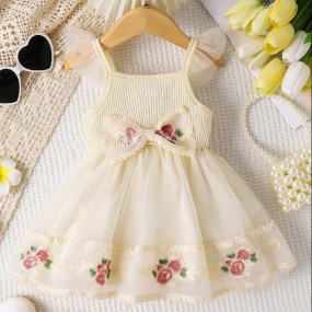 Baby Girl Princess Dress With Ribbed & Mesh Patchwork Decor, Bowknot Waist Embroidered Floral Trim Spaghetti Strap Overall Dress