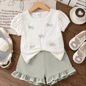 SHEIN Ramadan 2pcs Set Girls Summer Casual Set: Green Butterfly Ruffle Decor Puff Sleeve Crew Neck Top Tee & Straight Leg Shorts With Ruffle Hem, Cute & Simple