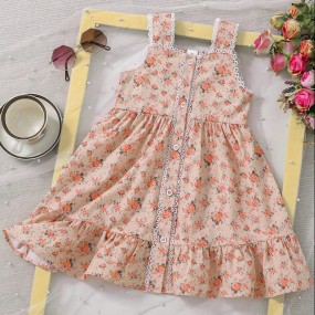 Summer New Style Girls Ditsy Floral Lace Trim Strap Forest Style Dress