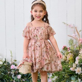 SHEIN Young Girl Floral Print Cold Shoulder Ruffle Trim Wrap Dress