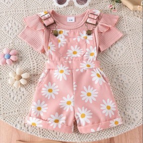 2pcs Baby Girls' Cute Short Sleeve Ruffle Bodysuit And Flower Print Overalls Set, Summer