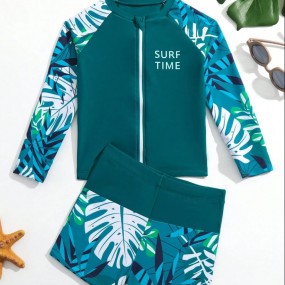 Young Boy Tropical Print Zipper Front Beach Swimsuit