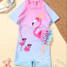 Young Girl Flamingo Print Ruffle Trim One Piece Swimsuit