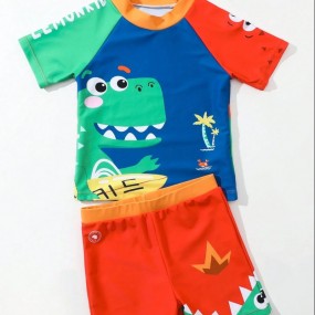 Young Boy Cartoon Dinosaur Print Beach Swimsuit