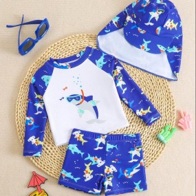 Baby Boy Swimsuit Top With Fixed Print Design  Bottom With Random Print Design  Swim Cap