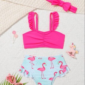 SHEIN Baby Girl Flamingo Print Ruffle Trim Beachwear With Accessory Headband Summer Beach
