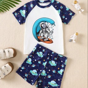 2pcs Boys Swimsuit Set, Cartoon Astronaut