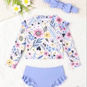 Baby Girl Floral Print Ruffle Trim Beach Swimsuit With Headband