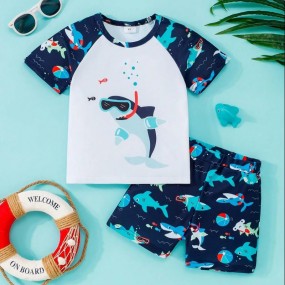 2pcs Young Boy Shark Swimwear Set, Short Sleeve Patchwork Rash Guard And Shark Print Swim Trunks, Stretchy Polyester, Summer Beach & Surf Outfit