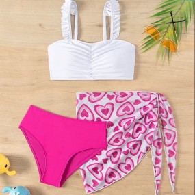 SHEIN Young Girl Heart Flower Patterned Bikini Set 3Piece Set, Fashionable Vacation Beachwear, Mommy And Me Matching Outfits