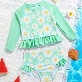 Baby Girl Floral Print Ruffle Hem High Neck Raglan Sleeve Beachwear Summer Beach