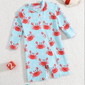 SHEIN Baby Long Sleeve Swimsuit, Cute Crab Cartoon Print One Piece Swimwear