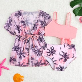 SHEIN 2pcs Baby Girls Swimsuit Set, Cute Strawberry Print Bow Decor One Piece Swimwear