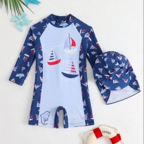 SHEIN Baby Boy Cute Cartoon Sailboat Print Long Sleeve Rash Guard Swimsuit With Sun Protection Hat, Suitable For Beach, Surfing, Swimming, Travel & Vacation