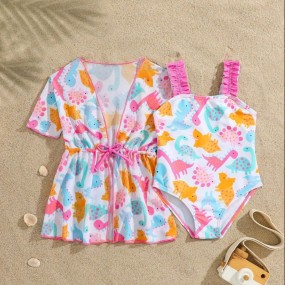 Baby Girl Cartoon Dinosaur Sleeveless Romper Swimsuit With Kimono Cover Up, Beach Holiday Set