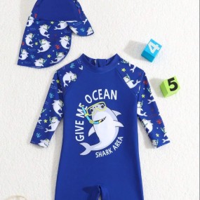 Baby Boy Beach Pool Cartoon Shark Printed One-Piece Swimwear With Hat
