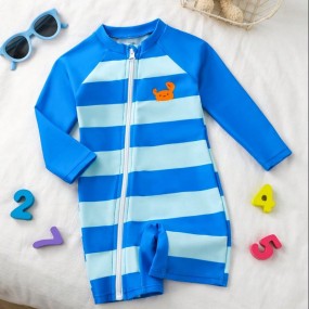 SHEIN Baby Boy Striped Crab Cartoon Print Raglan Sleeve Casual Rash Guard With Shorts