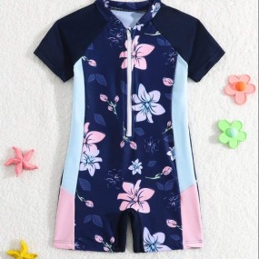 Baby Girls' Summer Color Block Flower Pattern One Piece Swimsuit Rash Guard With Cap Sleeve, Zipper And Cartoon Floral Print,