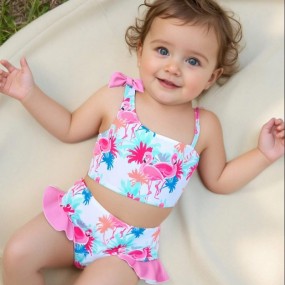 Baby Girl Ruffled One Shoulder Butterfly & Flamingo Printed Top & Ruffle Trim Triangle Printed Bottoms Swimsuit Set