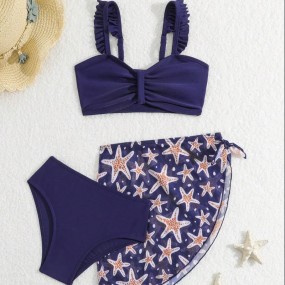 Young Girl Solid Bikini Set With Starfish Print Cover Up Skirt Swimwear Set
