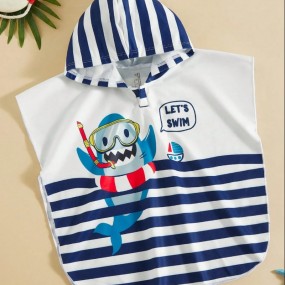 SHEIN 1 Piece Young Boys Boys Casual Sports Hooded Robe Swimsuit With Sharks Pattern Kids