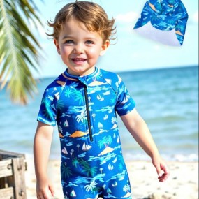 2pcs Set Cute Toddler Boys' Tropical Coconut Tree Vacation Swimsuit, Zip Front, With Sun Protection Hat, Blue Tie Dye Short Sleeve One Piece Swimwear