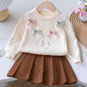SHEIN Baby Girls Warm Clothing Set, Baby Girls Winter Warm Knitted 2 Pieces Set, Adorable Bow Sweater & Pleated Skirt Outfit, Soft & Comfortable