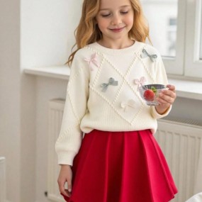 2pcs Set Young Girls Cute Long Sleeve Bow Decor Sweater And Pleated Skirt Set  Suitable For Autumn Winter