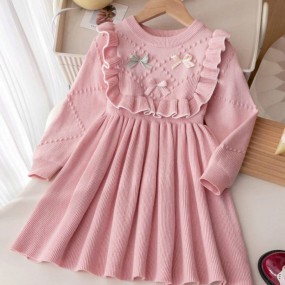Young Girl's Pink Bow Sweater Dress, Ruffled Round Neck Long Sleeve Knitted Dress