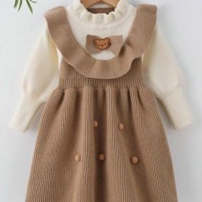 Young Girl Casual Color Block Bow Decor Knitted Dress, Autumn Winter