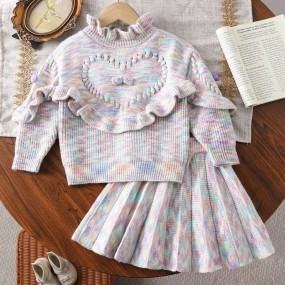 2pcs Young Girl Gradient Color Ruffle Hem Fuzzy Sweater And Pleated Skirt Set, 2025 Autumn Winter New Arrival