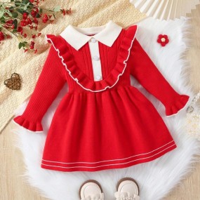 SHEIN Baby Girl Colorblock Collar Long Sleeve Ruffle Hem Cute Sweater Dress, Autumn Winter