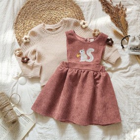 SHEIN Vintaside Kids Baby Girl Cute Embroidered Squirrel Pattern Long Sleeve Dress, Pinafore Dress Outfit, Adorable & Sweet, Suitable For Various Occasions In Autumn Winter