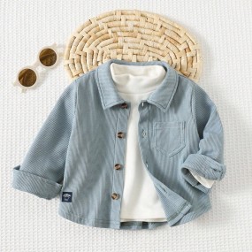 Cozy Pixies Baby Boy Decorative Woven Label Turndown Collar Long Sleeve Cardigan Shirt, Versatile