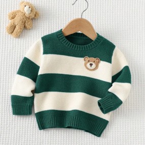 Cozy Pixies Baby Boy Cartoon Bear Striped Pattern Crew Neck Long Sleeve Sweater Fall Winter