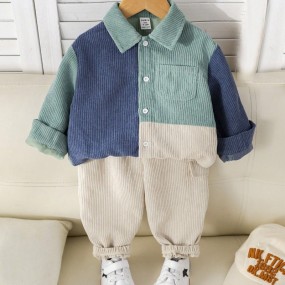SHEIN Baby Boy Corduroy Patchwork Jacket And Elastic Waist Long Pants Set, Cute Autumn Winter Outfit
