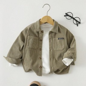 Cozy Pixies Young Boy & Young Girl Corduroy Decorative Woven Label Turndown Collar Long Sleeve Cardigan Boys Olive Green Shirt Khaki Toddler Boy Shirt Toddler Boy
