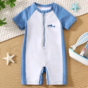 SHEIN 1pc Young Boys Casual, School, Fashionable, Practical, Cute, Soft And Comfortable Whale Print Breathable Romper Swimsuit