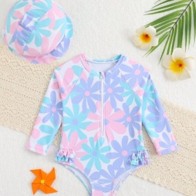2pcs Baby Girls Floral Print Knit Fabric Long Sleeve Rash Guard & Shorts Swimsuit Set With Hat