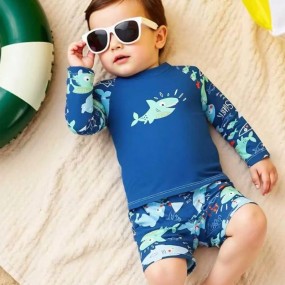 SHEIN 2pcs Baby Toddler Boys Swimsuit Set, Cute Cartoon Shark Print Colorblock Long Sleeve Knit Top And Swim Trunks, Separate Swimwear
