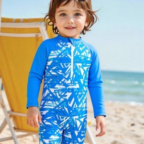 Young Boy All Over Print Half Zip Collar Long Sleeve One Piece Swimsuit Young Boys  Rash Guard For Boys Bathing Suits For Toddlers Beach Wear For Kids Swim Wear For Kids Boy Beach Outfits