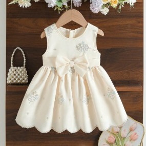 Baby Girls Cute & Elegant Round Neck Sleeveless 3D Bow Back Half Zip A Line Princess Dress,