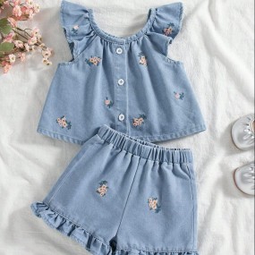 Vintaside Kids Baby Girls 2Piece Summer Set, Recommended Sweet & Cute French Countryside Style Outfit Puff Sleeve Top Floral Embroidered Ruffle A Line Shorts.